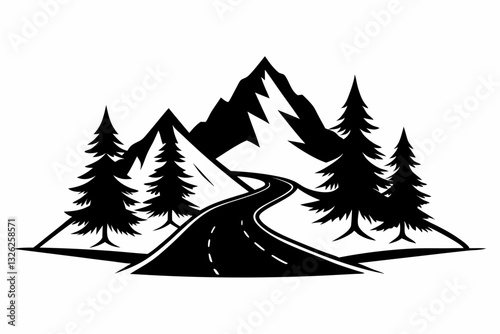 mountain with road and pine tree line art silhouette vector illustration