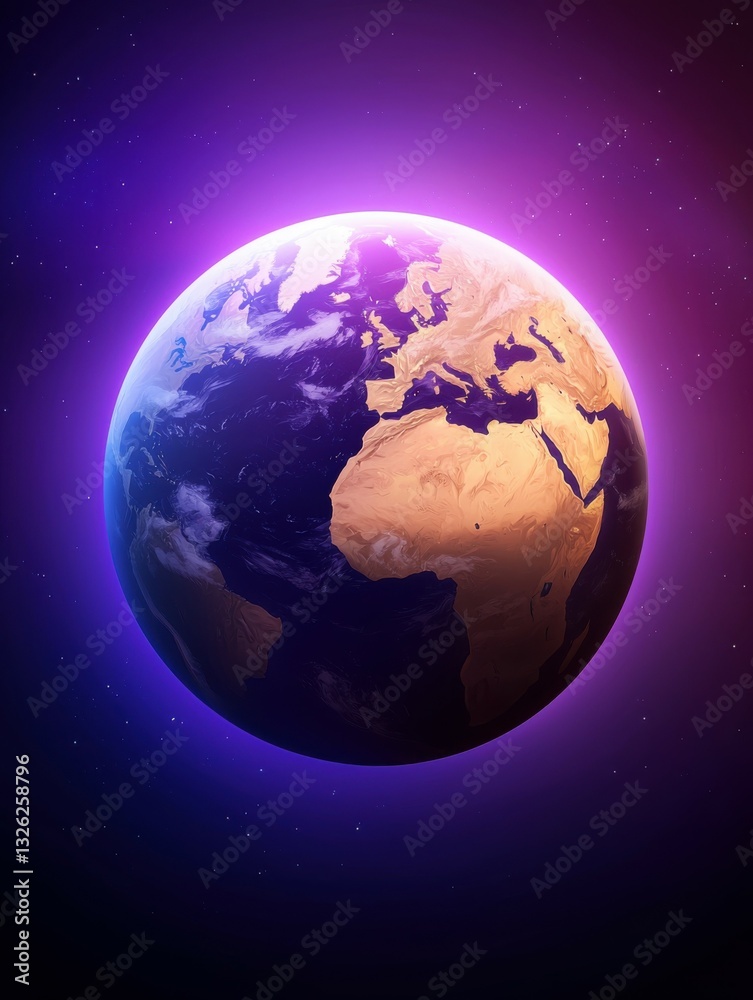 A vibrant depiction of Earth surrounded by a cosmic atmosphere, showcasing continents illuminated with purple and blue hues. A vibrant depiction of Earth surrounded by a cosmic atmosphere, showcasing continents illuminated with purple and blue hues.