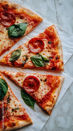 Freshly Baked Pepperoni Pizza Topped With Basil on a Marble Countertop
