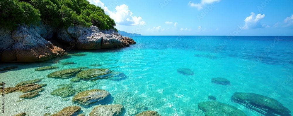 Fototapeta premium Secluded cove, crystal clear water, vibrant coral reef visible from shore , blue, scenery, tropical cove