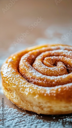 Warm Cinnamon Roll Sprinkled With Sugar on a Wooden Surface