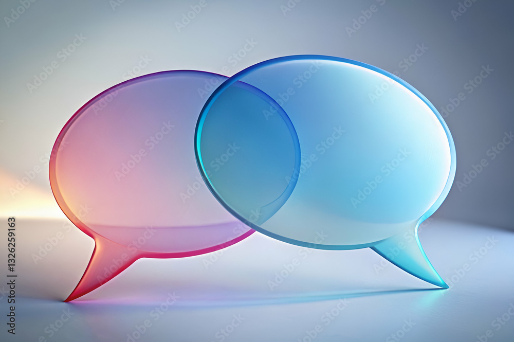 qualitative research, Colorful transparent speech bubbles representing communication, dialogue, conversation, and exchange of ideas in a modern digital context.