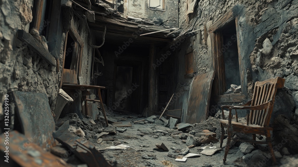Abandoned Courtyard with Weathered Chair and Debris Ruins Decay PostApocalyptic Scene Atmo Abandoned Courtyard with Weathered Chair and Debris Ruins Decay PostApocalyptic Scene Atmo