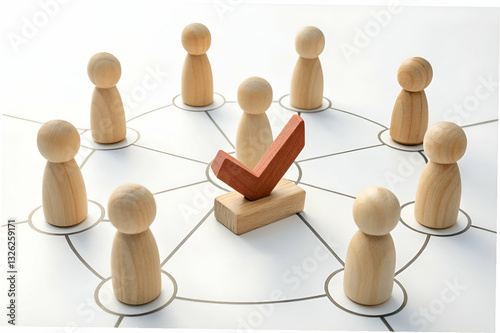 qualitative research, Team Collaboration with Wooden Figures and Checkmark Symbol Representing Agreement and Consensus in Group Dynamics and Decision-Making Process