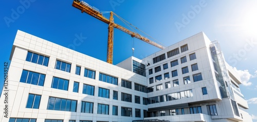 Futuristic hospital construction site with massive cranes lifting materials, high-rise medical center taking shape in an urban landscape