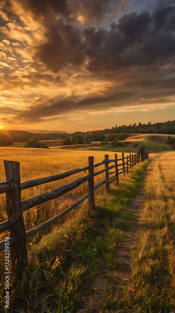 Obraz premium A rustic wooden fence stretching across a golden field under a dramatic sunset sky.