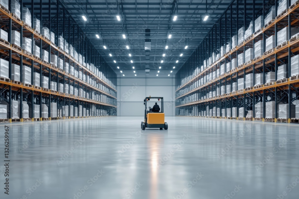 Futuristic automated warehouse with towering shelves, robotic forklifts moving packages, and a high-tech inventory management system Futuristic automated warehouse with towering shelves, robotic forklifts moving packages, and a high-tech inventory management system