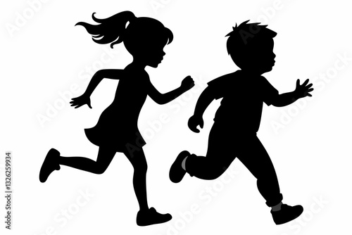 running childrens line art silhouette vector illustration