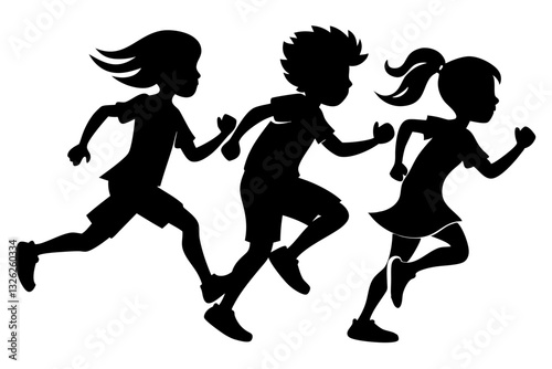 running childrens line art silhouette vector illustration