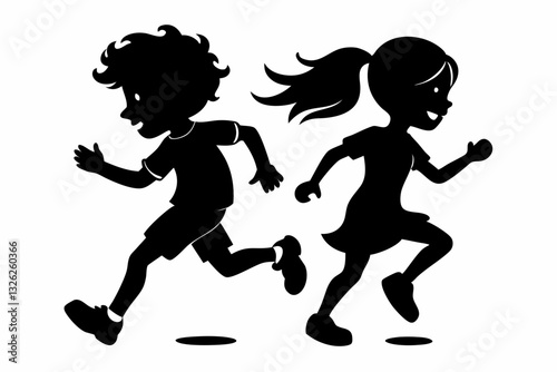 running childrens line art silhouette vector illustration