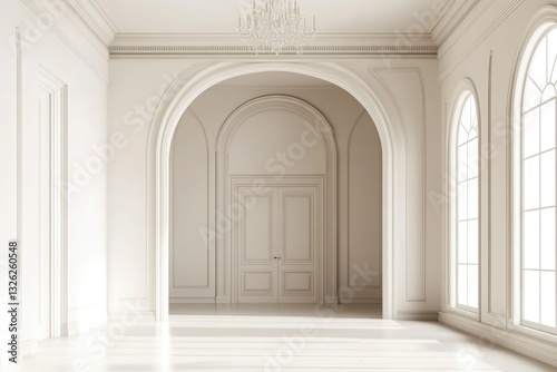 Stylish Entrance Hallway with White and Olive Tones  Featuring an American Arch Door and Elegant Chandelier