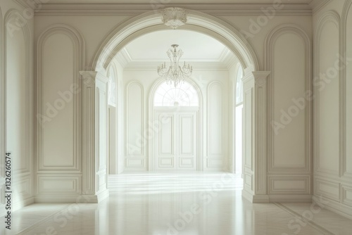 Stylish Entrance Hallway with White and Olive Tones  Featuring American Architectural Details and Elegant Chandelier