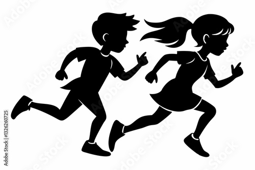 running childrens line art silhouette vector illustration