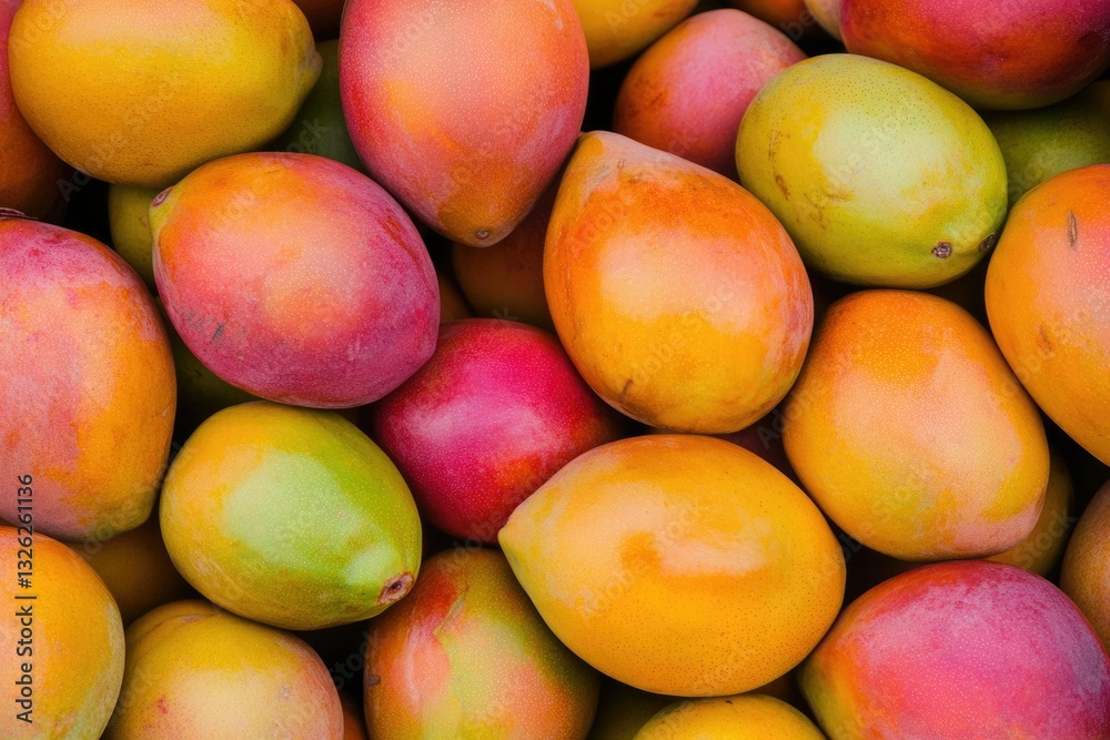 Vibrant Mango Harvest: A Closeup of Fresh Organic Mangoes in a Lush Market Setting Vibrant Mango Harvest: A Closeup of Fresh Organic Mangoes in a Lush Market Setting