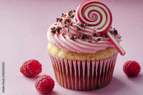 Delicious Pink Cupcake Topped With Swirl Icing and a Candy on a Pastel Backgr...