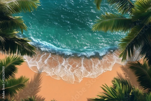 Waves Gently Lapping at a Golden Beach Surrounded by Palm Trees and Lush Gree...