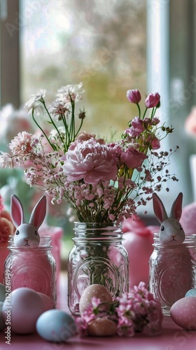 Spring Celebration With Flowers, Bunny Decorations, and Pastel Eggs on a Sunn...