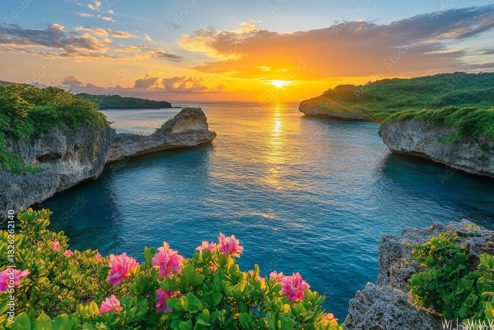 Φωτογραφία Vibrant sunset over tranquil waters in a secluded coastal landscape with bloomin