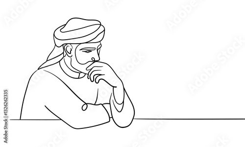Emirati man in traditional clothes, continuous line art drawing. Muslim in a hijab. Vector illustration isolated on white background.