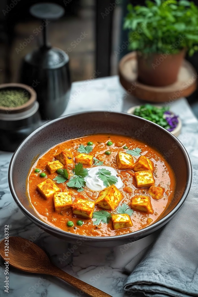 Indian Curry - Matar Paneer in Tomato Gravy with Cream and Cilantro Garnish in Modern Setting Indian Curry - Matar Paneer in Tomato Gravy with Cream and Cilantro Garnish in Modern Setting