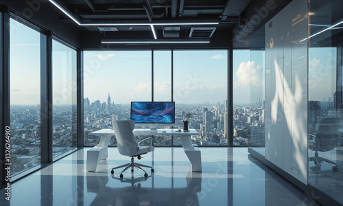 Innovative tech office with a sleek glass desk, white ergonomic chair, and adjustable LED lighting. Task lighting ensures proper focus