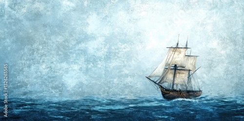 A sailing vessel navigates turbulent ocean waters with billowing sails