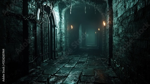 Dark Mysterious Dungeon Corridor with Stone Walls Chains and Flickering Torches  Ideal for