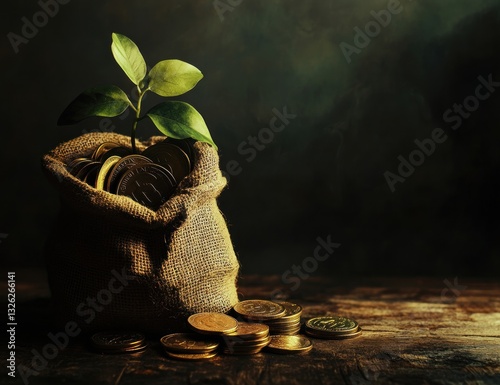 Burlap Sack Filled with Coins, Growing Plant, Dark Background, Investment Concept photo
