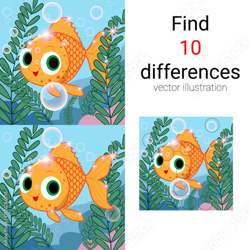 Find 10 differences. Educational game for children. Underwater life. Goldfish and bubble.