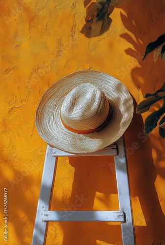 Straw Hats on Wooden Ladder in Rustic Interior With Natural Light and Cozy At...