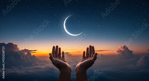 Reaching for Moon Above Clouds Conceptual Image with Night Sky