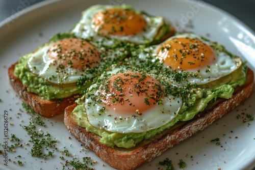 Delicious Avocado Toast Topped With Fried Eggs Served on a White Plate