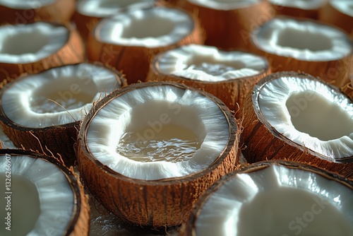 Freshly Cracked Coconuts Surrounded by Their Shells at a Tropical Market Display