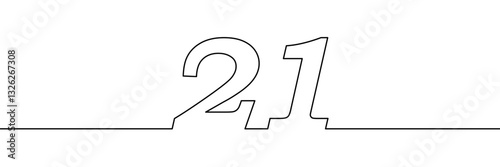 A single line drawing of a twenty one symbol.  One line icon. Continuous line twenty first number icon. Vector illustration.