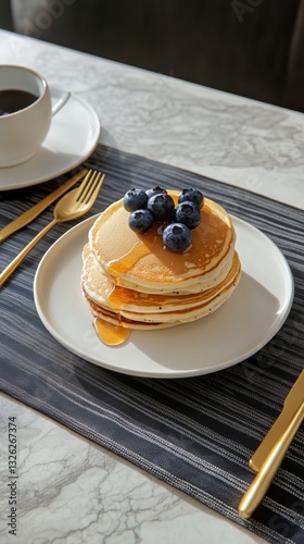 Delicious Pancakes With Fresh Blueberries and Syrup for Breakfast on a Marble...