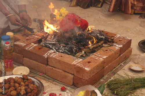 sacred fire agni performance or yagna, religious performance in hinduism 
