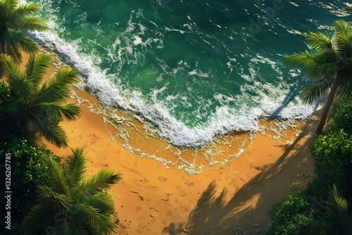 Waves Gently Lapping at a Golden Beach Surrounded by Palm Trees and Lush Gree...