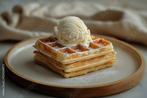 Delicious Waffles Stacked With Creamy Ice Cream Served on a Decorative Plate
