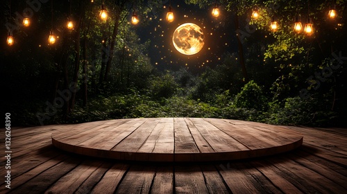 Wooden Stage Platform with Moon and Glowing Lights in Forest Backdrop