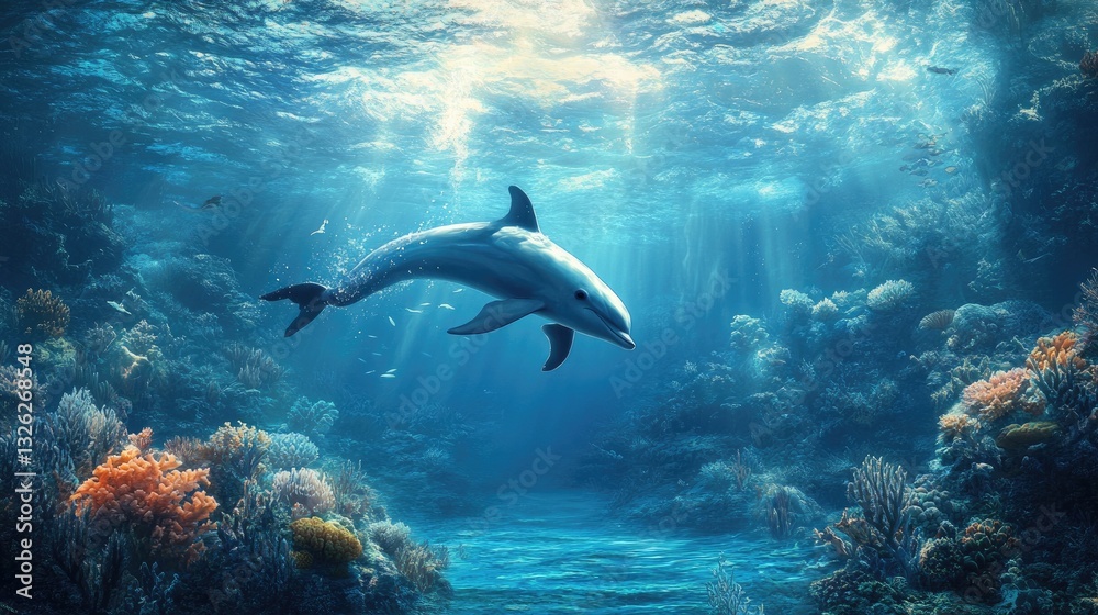 Fototapeta premium Dolphin Gliding Through Sunlit Aquatic Coral Reef Environment