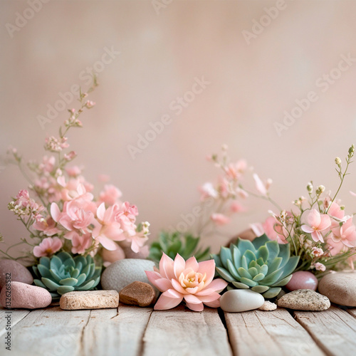 Succulents and flowers with stones on wooden background, square inspiration board background with taural natural elements in pink delicate tones. AI generated. photo