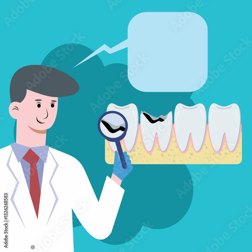 vector illustration of a dentist examining a cavity with a magnifying glass