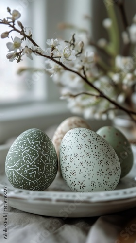 Decorative Eggs Placed on an Ornate Plate Surrounded by Flowers in a Serene S...