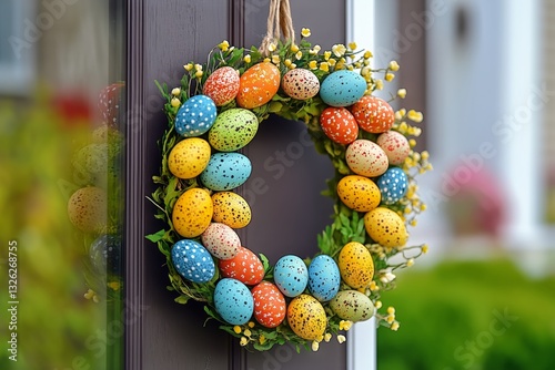 Colorful Easter Wreath Adorned With Vibrant Eggs and Flowers Hangs on a Front...