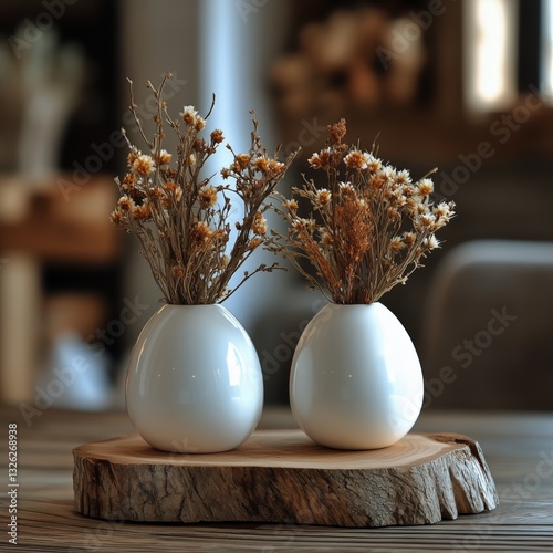 Minimalist Decor With Three Ceramic Vases Holding Dried Flowers on a Wooden Tray
