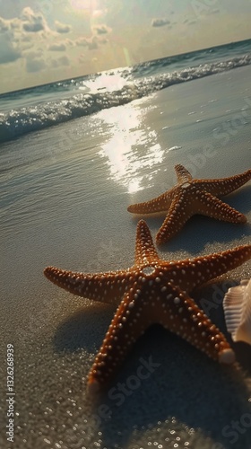 Starfish Resting on Sandy Beach as Waves Gently Wash Over It Under Bright Sun