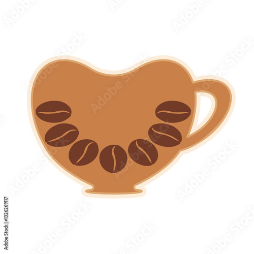 Mug with coffee beans. Sticker, label, badge, emblem for barista, menu, shop, cafeteria, cafe, coffee lovers. Vector illustration in flat style.