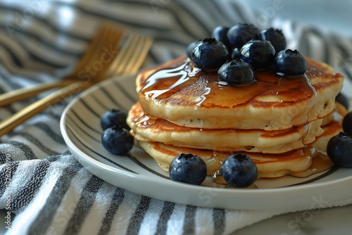 Delicious Stack of Fluffy Pancakes Topped With Fresh Blueberries and Syrup on...