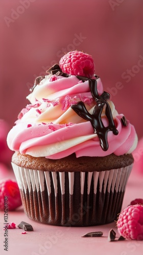Delicious Raspberry Topped Cupcake With Vibrant Pink Frosting and Chocolate D...