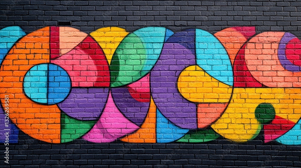 Colorful geometric mural on brick wall, urban background, design texture